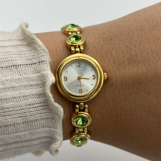 Green Diamante Gold-Toned Watch