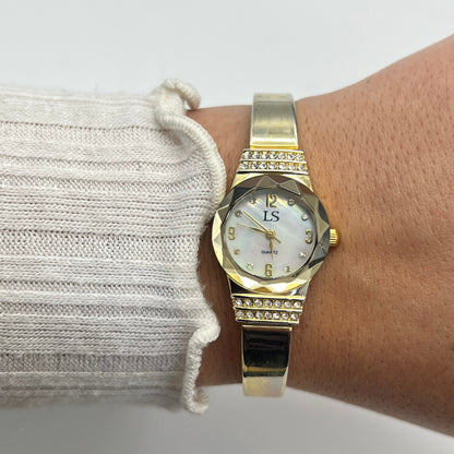 Gold-Toned Diamanté Watch with Mother of Pearl Dial