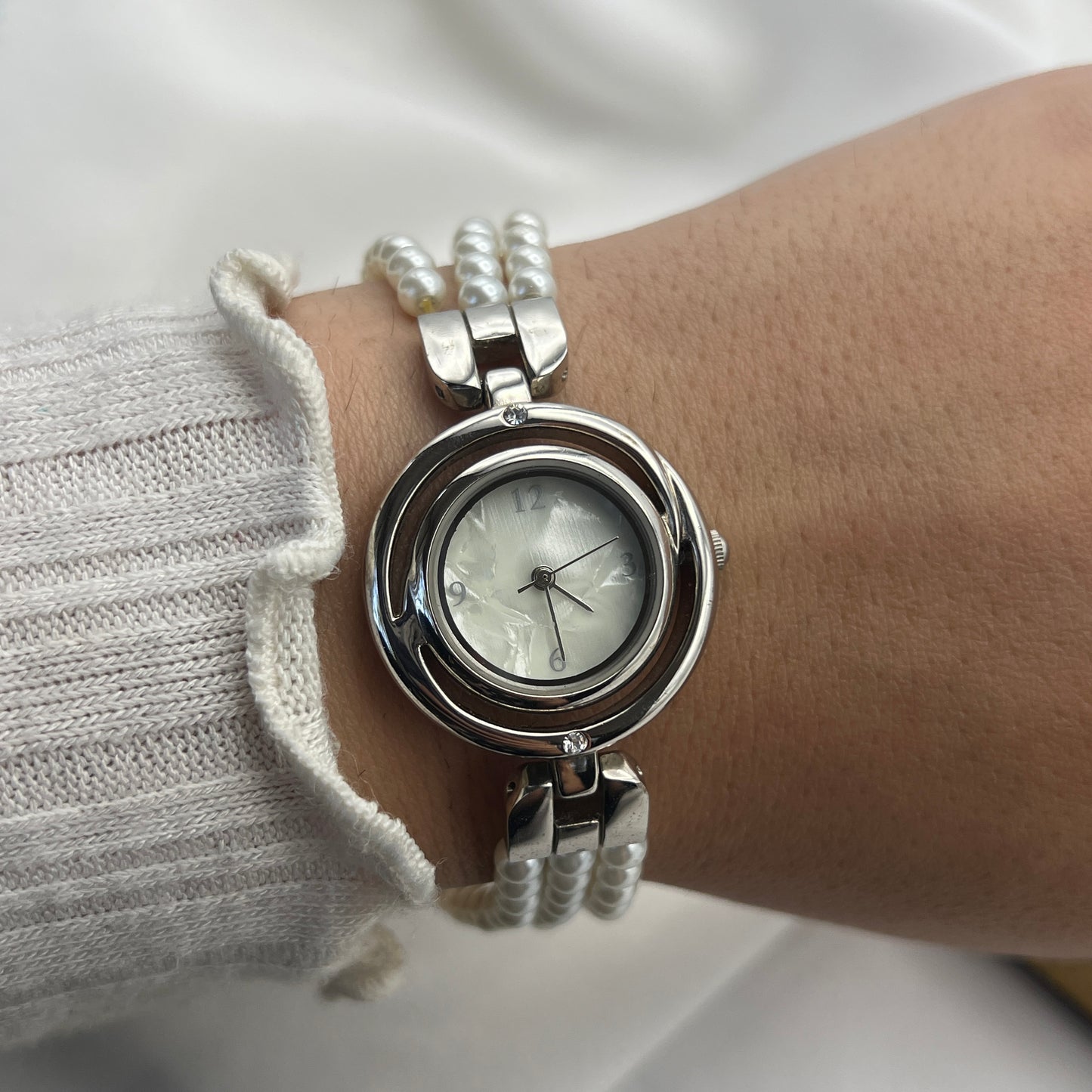 Unique Pearly Beaded Silver-Tone Watch with Mother of Pearl Dial