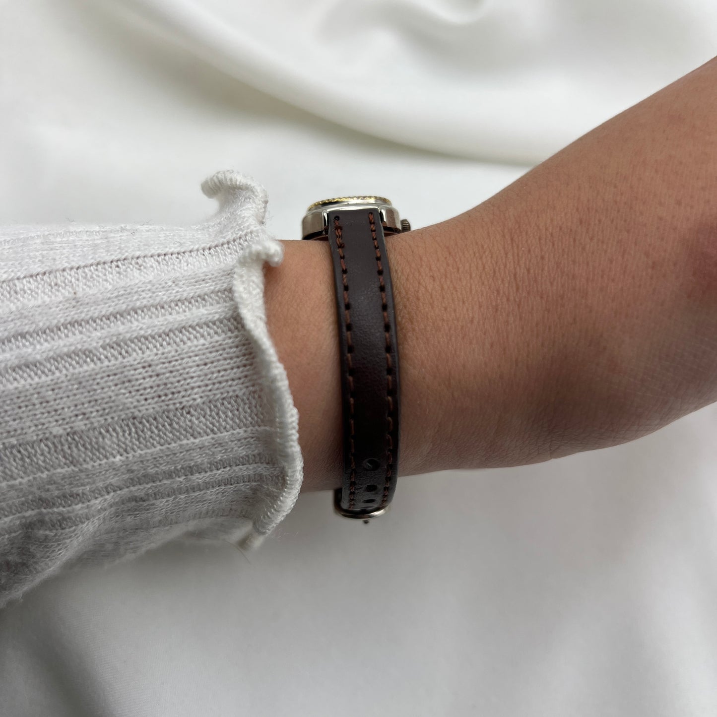 Dainty Gold-Tone Watch with Brown Leather Straps