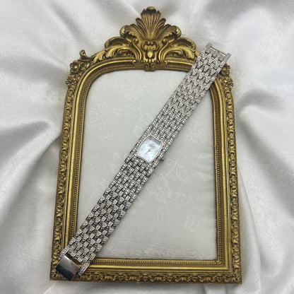 Silver-Toned Diamanté Watch with Mother of Pearl Dial