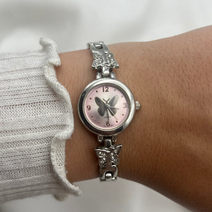 Pink Diamanté Butterfly Silver-Tone Watch
