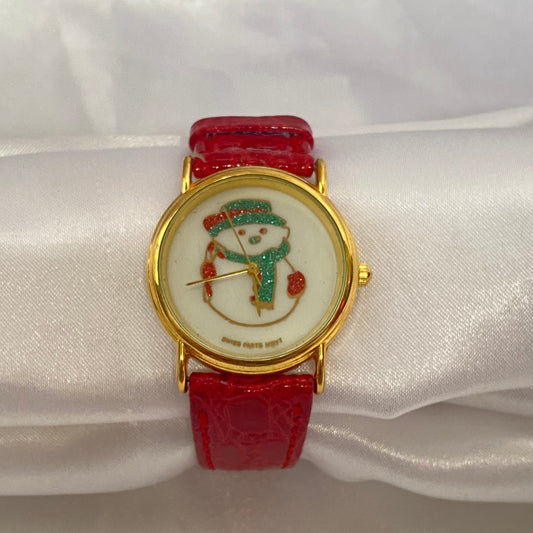 ☃️ Snowman Red Leather Band Watch